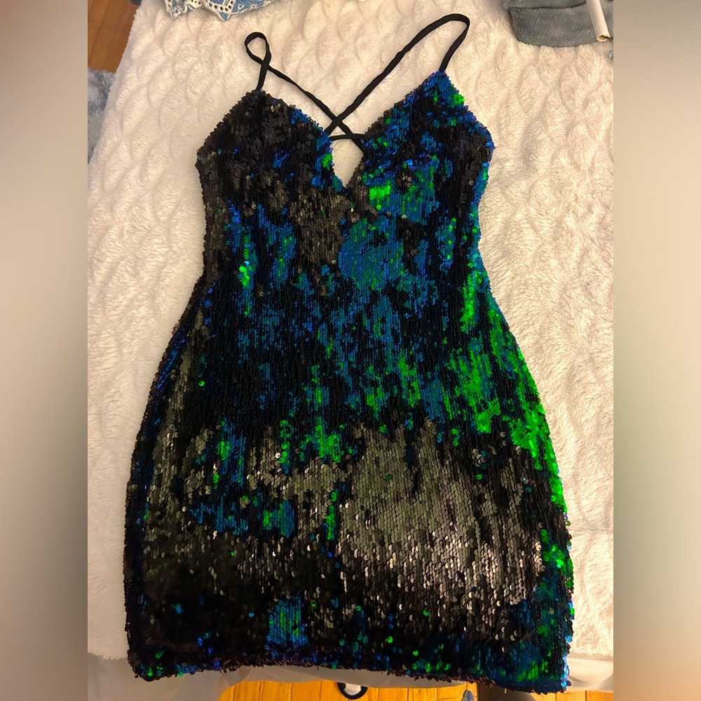 Blue, Black, and Green Sequin Dress